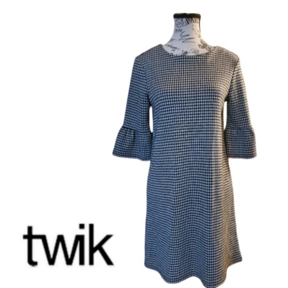NWOT Grey Houndstooth Bell Sleeve Shift Dress Twik by Simmons - Picture 8 of 8